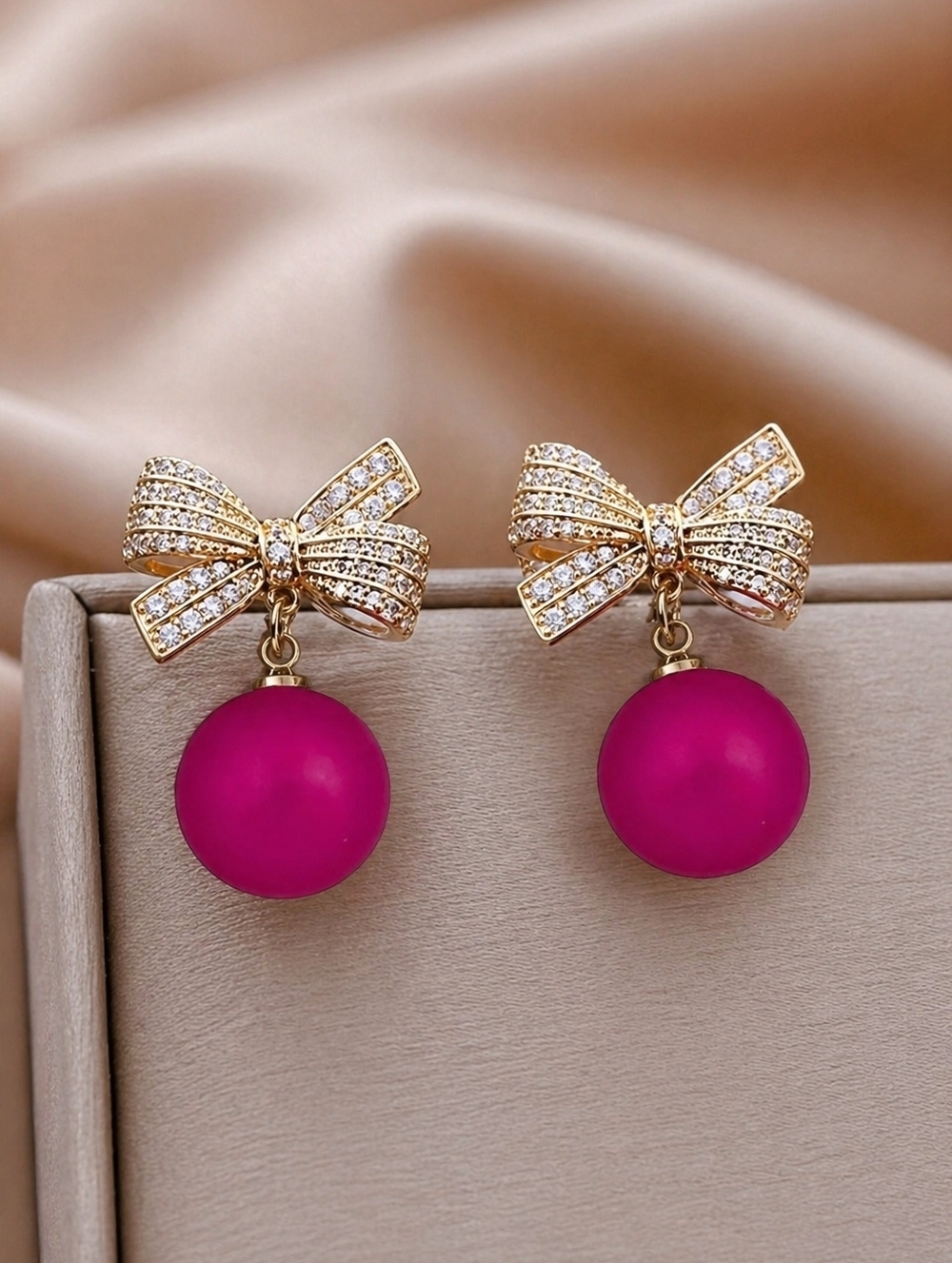 Crystal Pave Gold Bow Drop Earrings with Hot Pink Beads